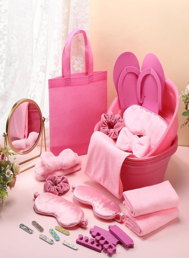 Thiccywoov 54Pcs Kids Foot Spa Party Supplies for Girl Spa Party Favors 6 Washbasin 6 Tote Bags 6 Hand Towels 6 Toe Separators 6 Hair Scrunchies 6 Hairband 6 Slipper 6 Eye Mask 6 Nail File (Pink) - Image 4
